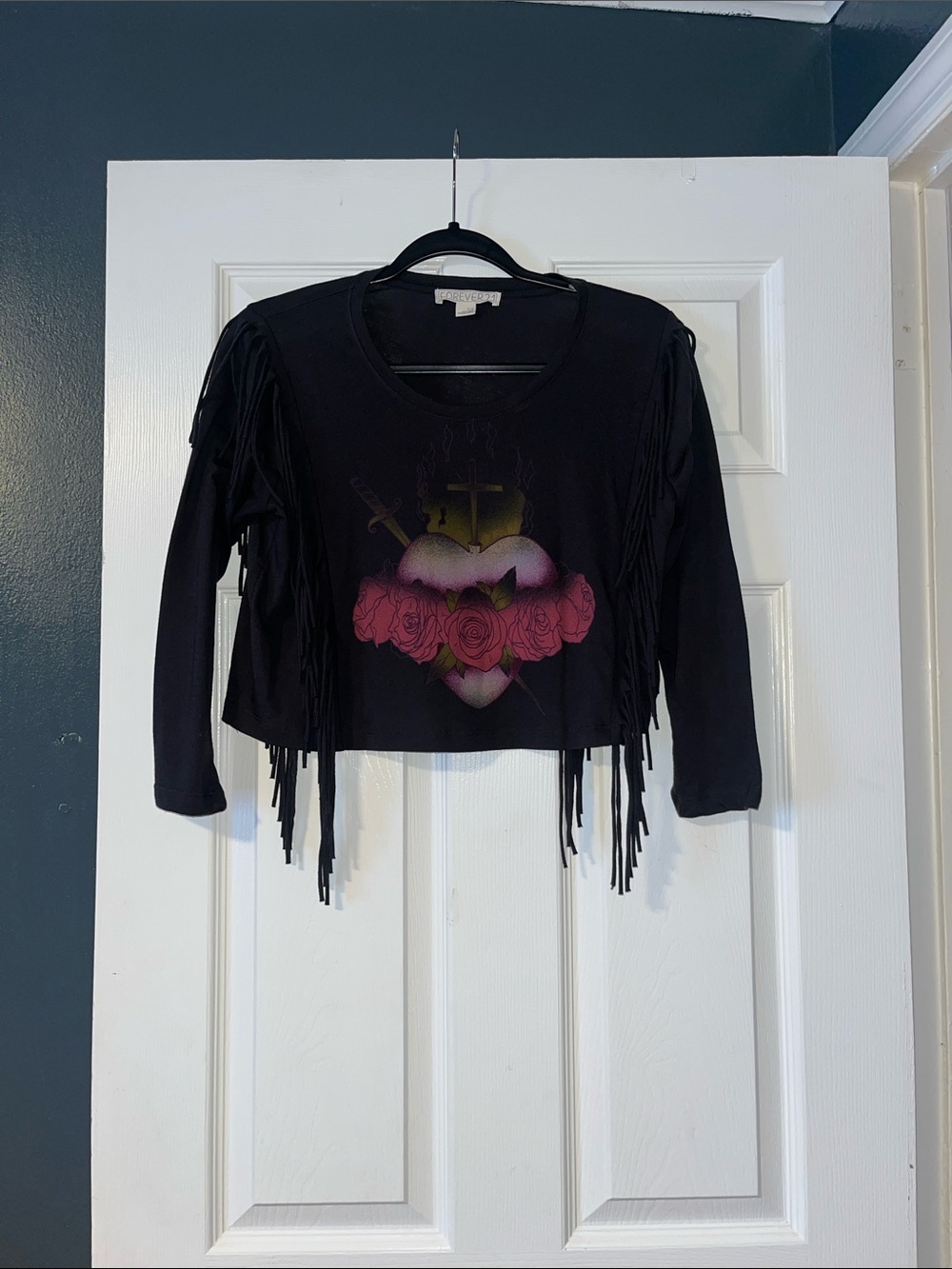 Forever 21 Black Fringe Long-Sleeve Crop Top with Pink Rose Graphic